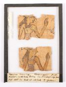 ZWEI PAPYRUSFRAGMENTE, polychrom bemalt, ca.3,5 x 5 und 4 x 5,5, gefunden 1880 in Bab el Moluk bei