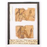 ZWEI PAPYRUSFRAGMENTE, polychrom bemalt, ca.3,5 x 5 und 4 x 5,5, gefunden 1880 in Bab el Moluk bei