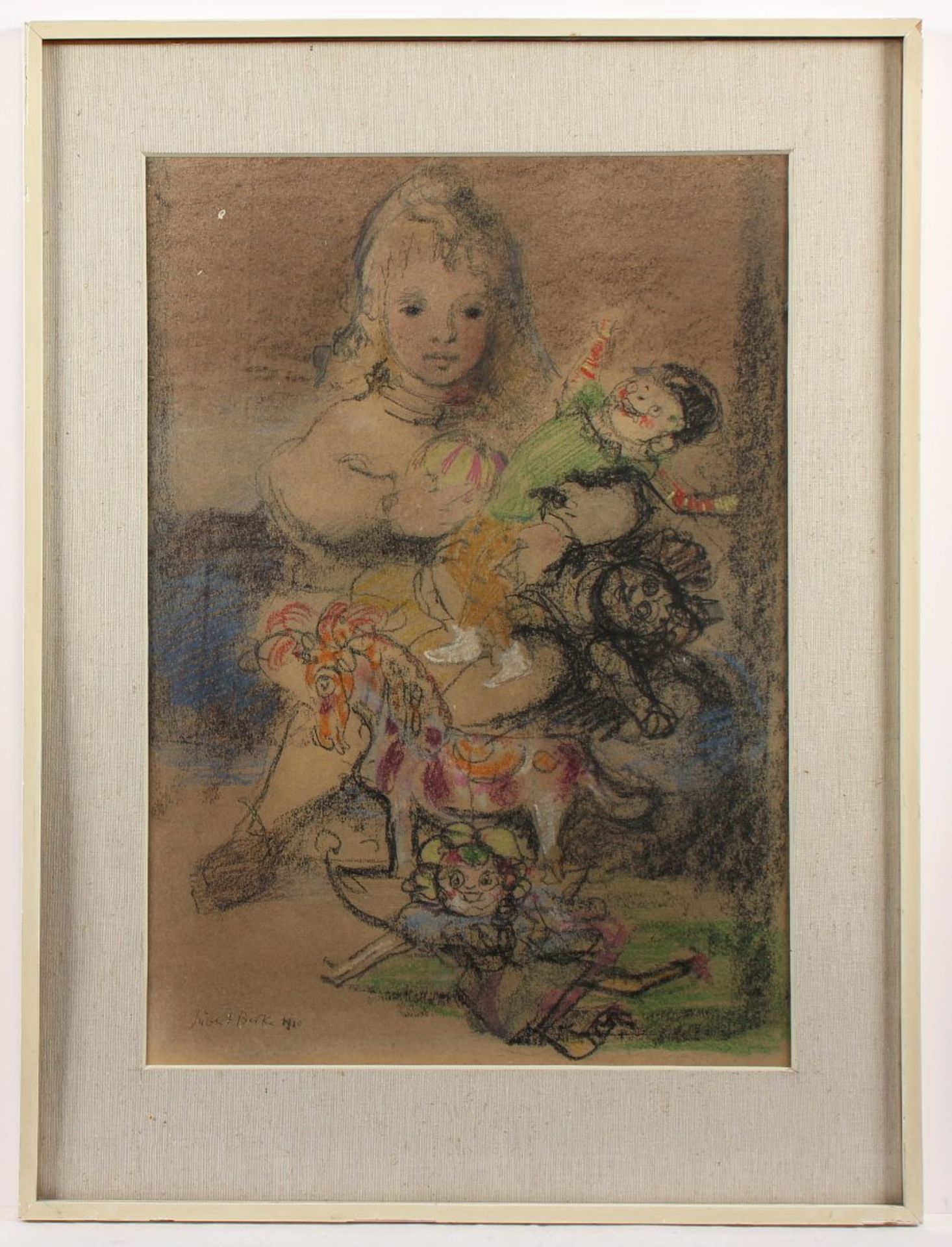 BERKE, Hubert, "Mädchen mit Spielpuppen", Mischtechnik mit Farbkreide/Papier, 45 x 31, unten links - Bild 2 aus 2