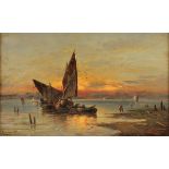 RUSSISCHER MALER E.19.JH., "Fischerboote bei Sonnenuntergang", Öl/Holz, 23,5 x 38, unten links