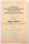 URKUNDE RITTERKREUZ FRANZ JOSEPH-ORDEN mit der Kriegsdekoration für Postsekretär Dr. Leo Safarik vom