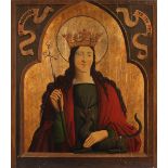SAKRALMALER DES 19.JH., "Heilige Margareta von Antiochia", Öl/Holz, 68 x 60, besch.,