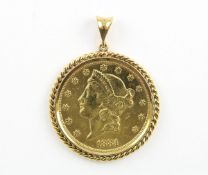 MÜNZANHÄNGER, 900/ooo Gelbgold, 20 Dollars-Goldmünze, Double Eagle, Liberty Head, 1884, Montur und