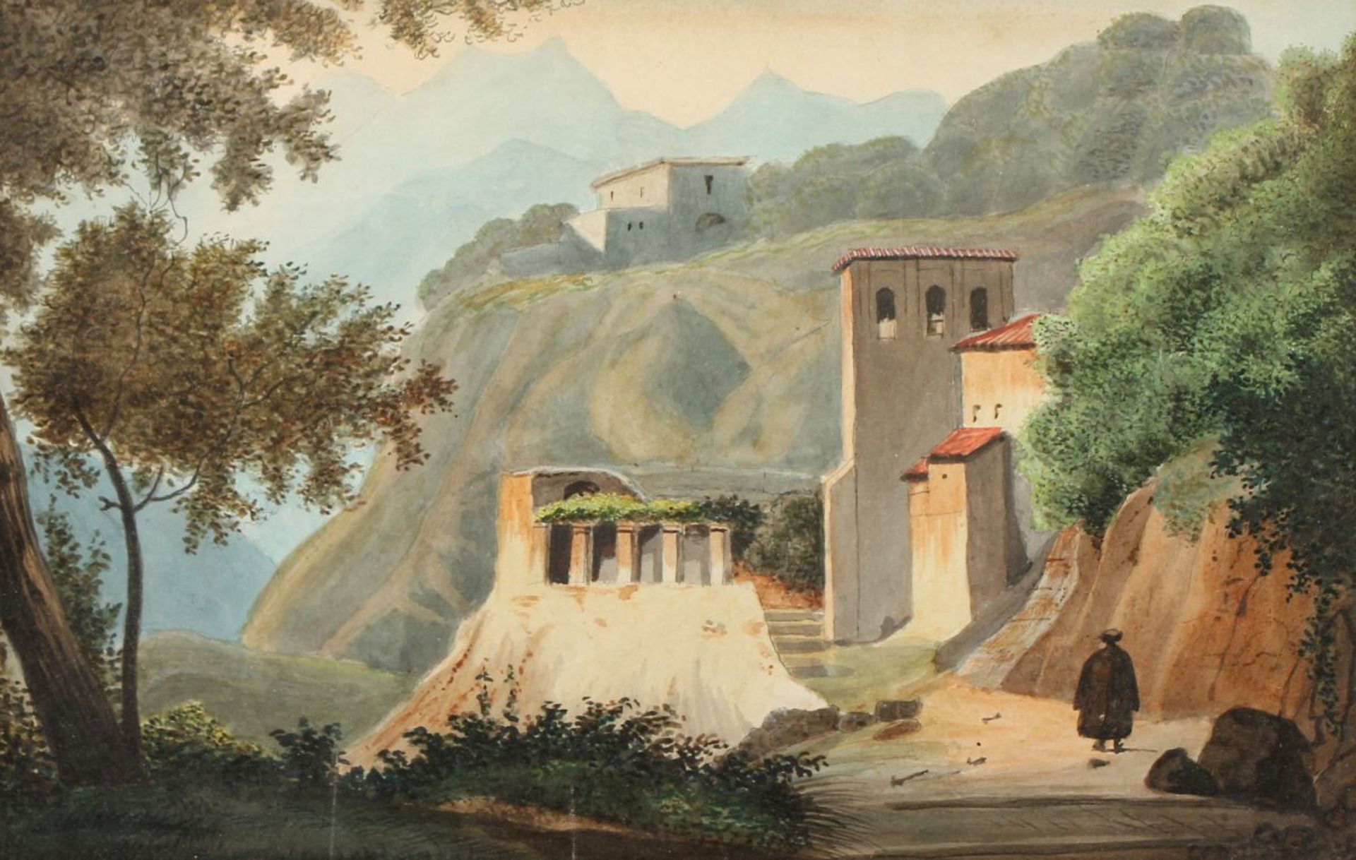 AQUARELLMALER DES 19.JH., "Oberitalienische Landschaft mit Wanderer", Aquarell/Papier, 17,5 x 27,