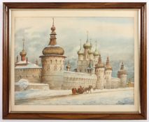 RUSSISCHER MALER DES 20.JH., "An einer russischen Klosteranlage", Aquarell/Papier, 34 x 46,5 (