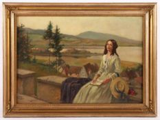 VOSS, Carl Leopold (1856-1921), "Junge Frau vor einer Seenlandschaft", Öl/Malkarton, 32 x 45,5,