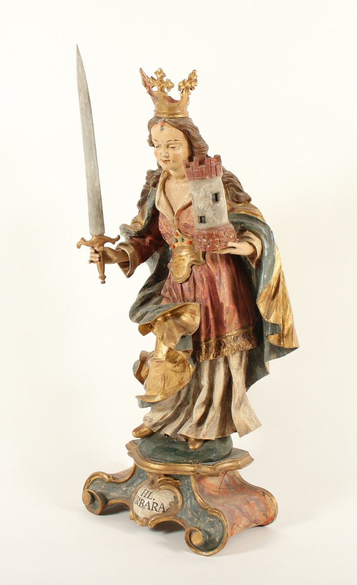HEILIGE BARBARA, mit Turm und Schwert, Holz, geschnitzt, farbig gefasst, goldbemalt, H 80 (inkl. - Bild 2 aus 5
