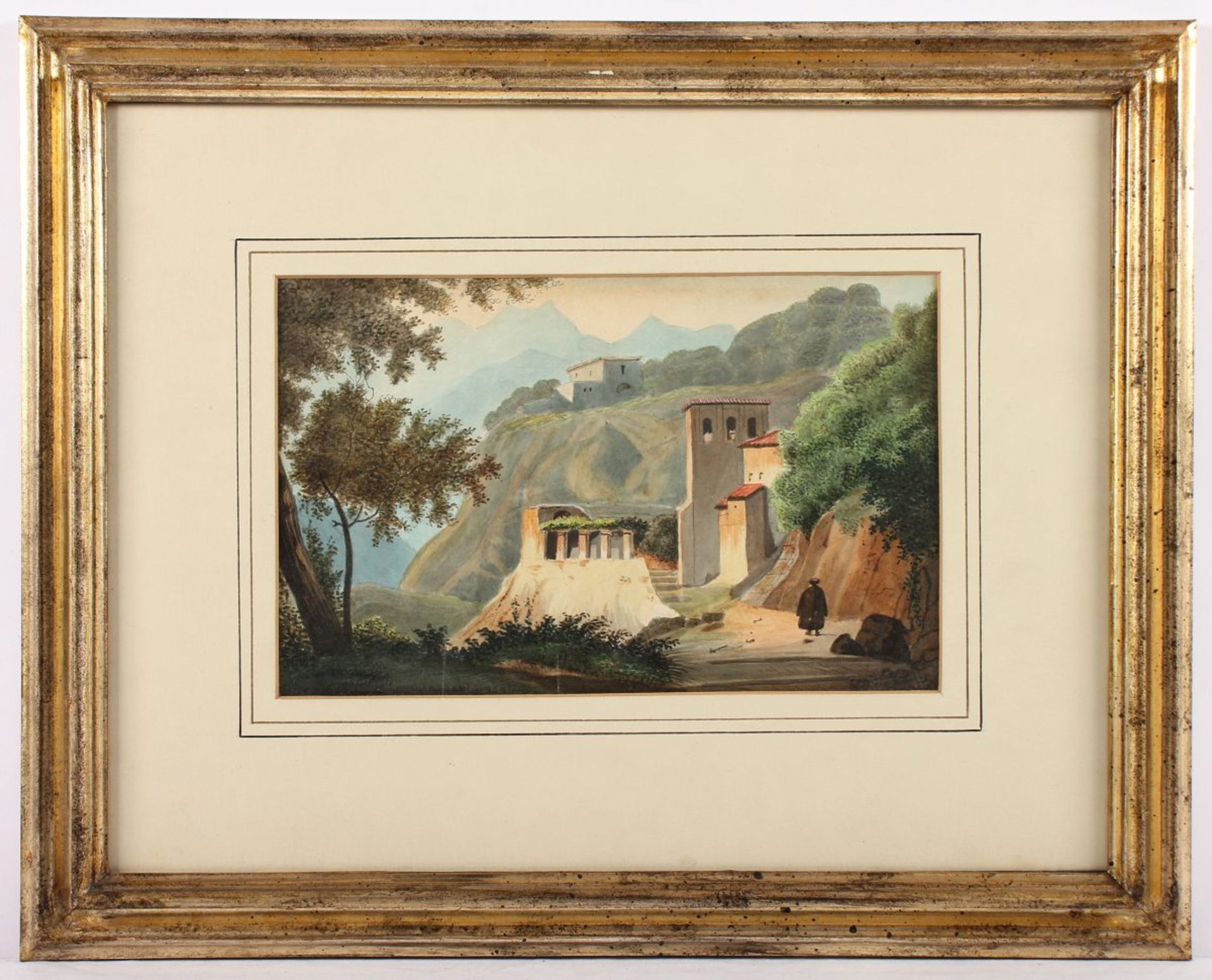 AQUARELLMALER DES 19.JH., "Oberitalienische Landschaft mit Wanderer", Aquarell/Papier, 17,5 x 27, - Bild 2 aus 2