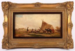 STEINACKER, Alfred (1838-1914), "Ungarisches Zigeunerlager", Öl/Holz, 16 x 31, unten links signiert,