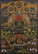 THANGKA, Gouache auf Stoff, 78 x 55, traditionell montiert, unter Glas gerahmt, SINOTIBETISCH, 20.