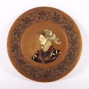 WANDTELLER, Metall, graviert, Portrait im Renaissancestil mit Perlmutt- und Schildpatteinlagen, Dm