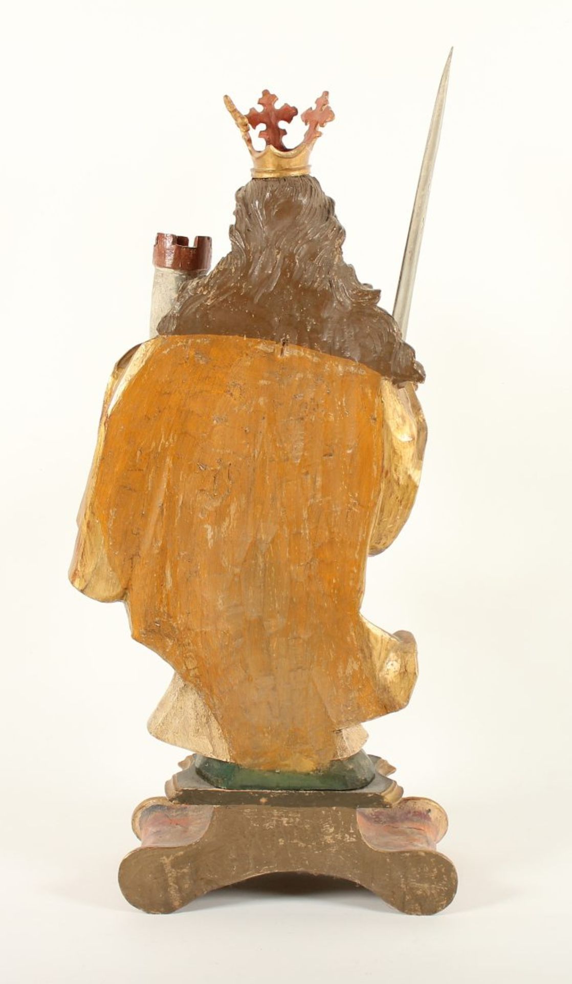 HEILIGE BARBARA, mit Turm und Schwert, Holz, geschnitzt, farbig gefasst, goldbemalt, H 80 (inkl. - Bild 4 aus 5