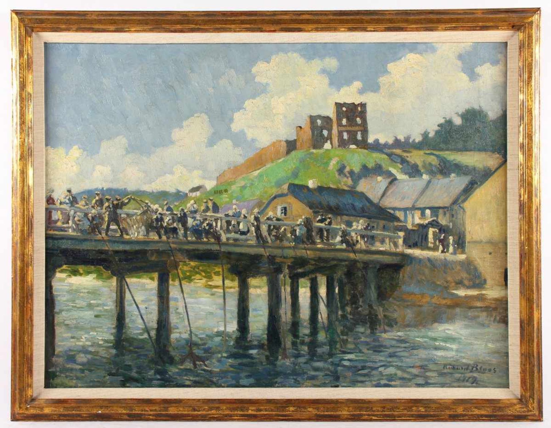 BLOOS, Richard (1878-1957), "Belebte Brücke vor der Burg mit Anglern", Öl/Lwd., 66 x 88, unten - Bild 2 aus 4