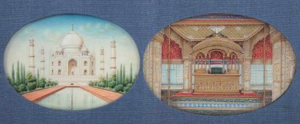 ZWEI MINIATUREN, Farben auf Elfenbein, fein gemalte Ansichten des Taj Mahal und des Pfauenthrons