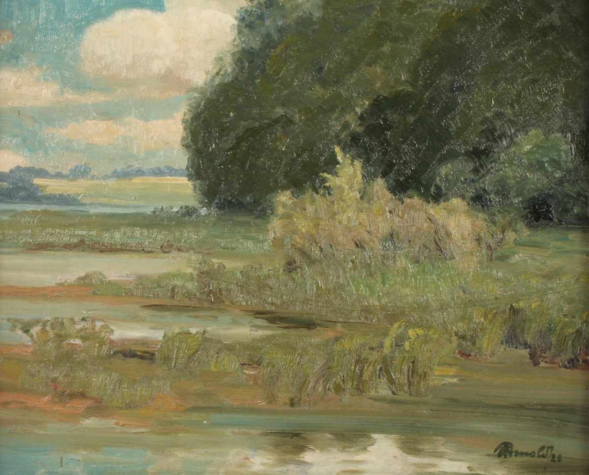 ARNOLD (Maler um 1930), "Uferlandschaft", Öl/Lwd., 41 x 50,5, unten rechts signiert und "28" - Bild 2 aus 3