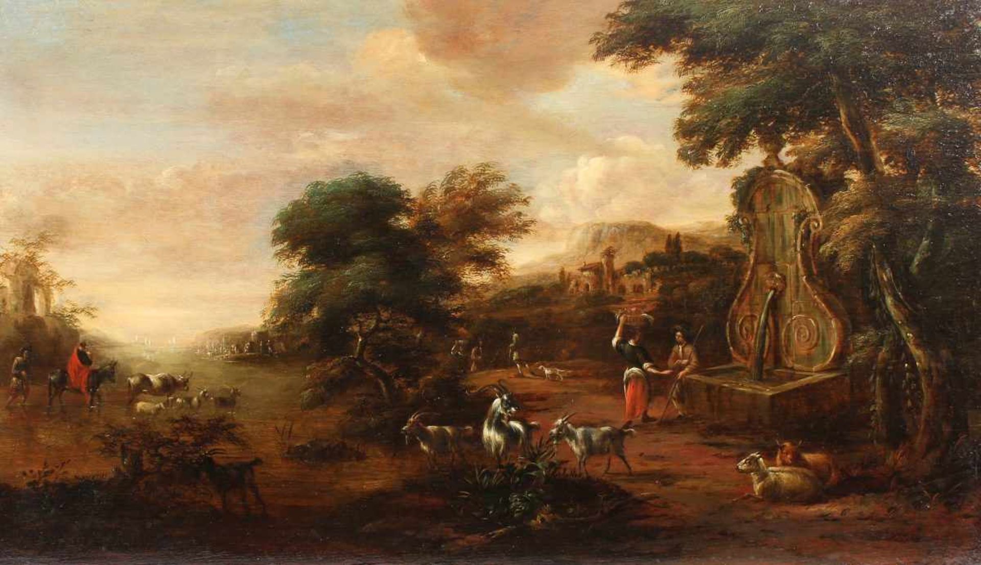 FLÄMISCHER MEISTER DES 17.JH., "Arkadische Landschaft mit Brunnen und Figurenstaffage", Öl/Holz,