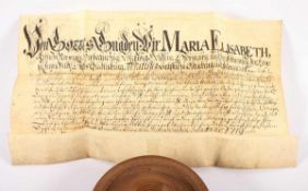 URKUNDE, Handschrift auf Pergament, mit Wachssiegel in Holzkapsel, Maria Elisabeth Schleswig-