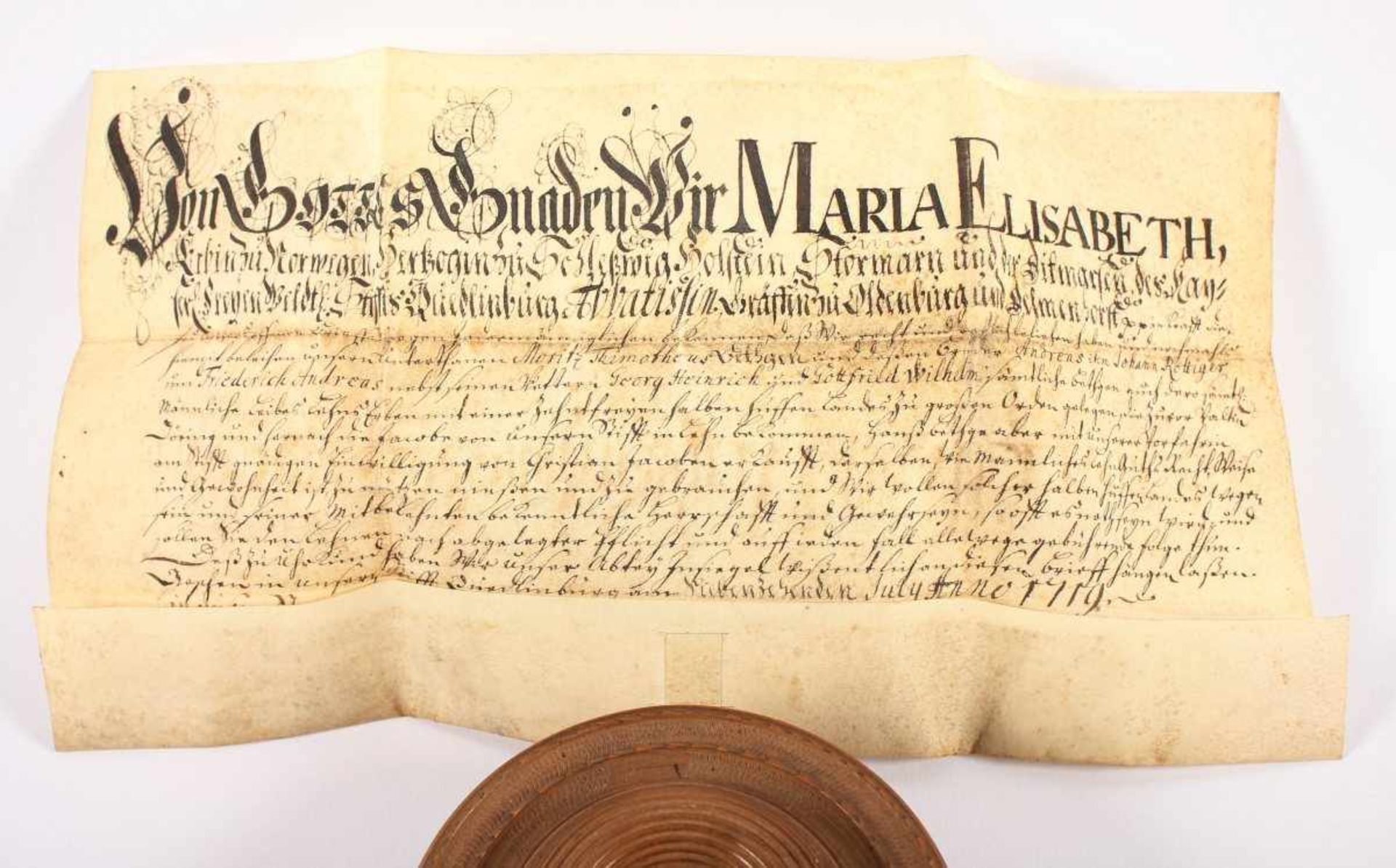 URKUNDE, Handschrift auf Pergament, mit Wachssiegel in Holzkapsel, Maria Elisabeth Schleswig-