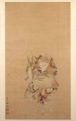 ROLLBILD, Tusche und Farben auf Papier, im Vordergrund zwei Jungen einen riesigen Pfirsich