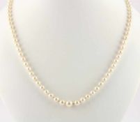 PERLENKETTE, crèmefarbene Perlen von ca. 4,5 bis 7,9 mm Durchmesser mit Verlauf, Schließe aus 750/