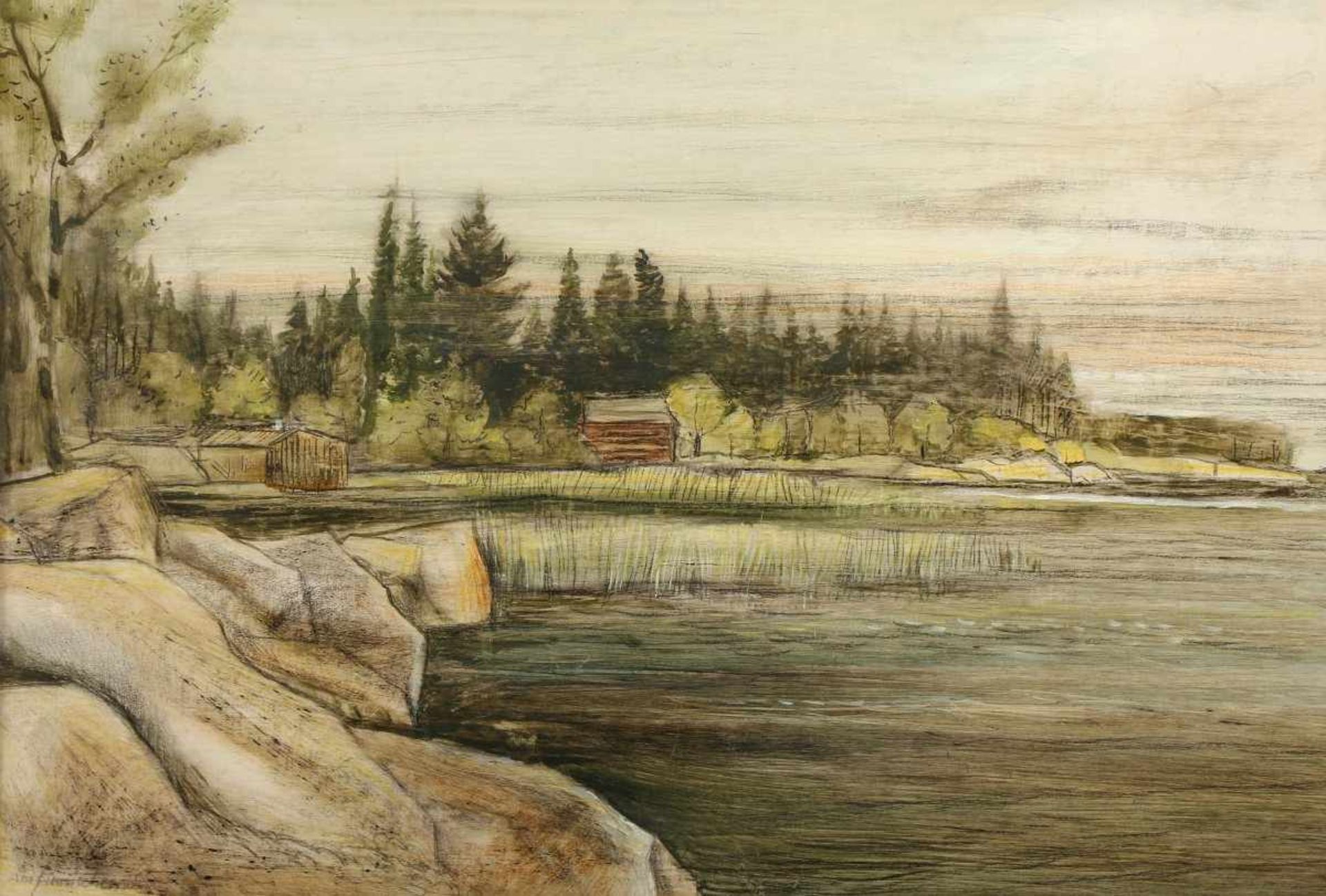 BRUNKOW, Willi, "Am finnischen See", Mischtechnik mit Farbstift und Kohle/Papier, 37 x 54, unten