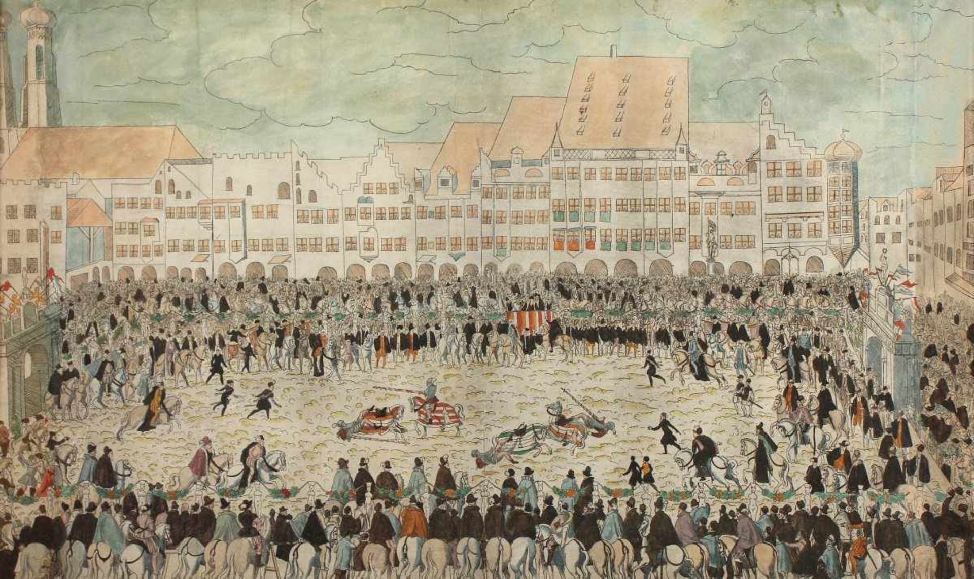 MÜNCHEN, "Das Ringrennen auf dem Schrannenplatz", kolorierter Stich, 34 x 55, wohl aus der Folge: - Bild 2 aus 2