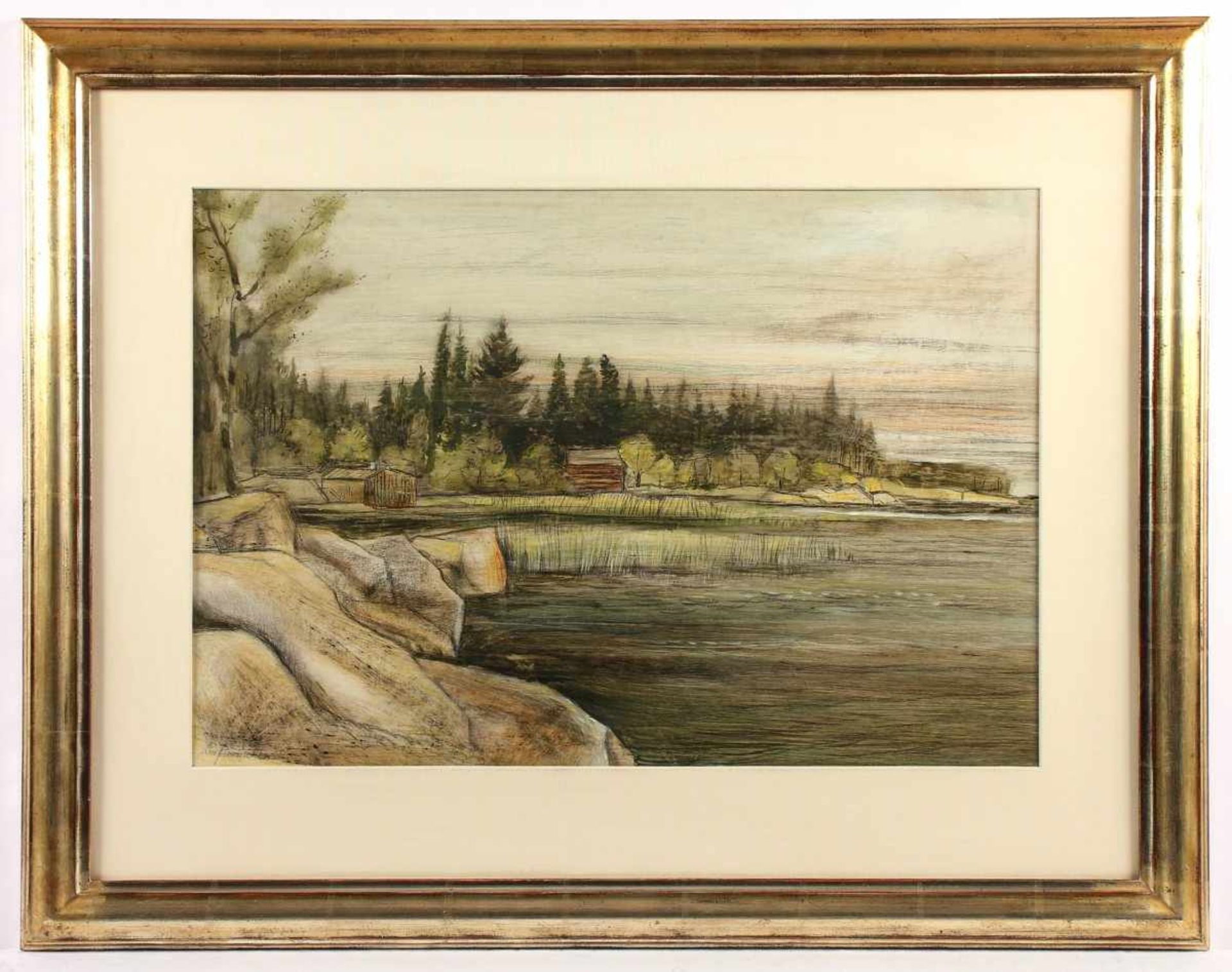 BRUNKOW, Willi, "Am finnischen See", Mischtechnik mit Farbstift und Kohle/Papier, 37 x 54, unten - Bild 2 aus 2