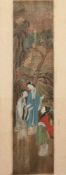 MALEREI, Tusche und Farben auf Stoff, 46 x 10,5, montiert, unter Glas gerahmt, CHINA, A.20.Jh.