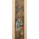MALEREI, Tusche und Farben auf Stoff, 46 x 10,5, montiert, unter Glas gerahmt, CHINA, A.20.Jh.