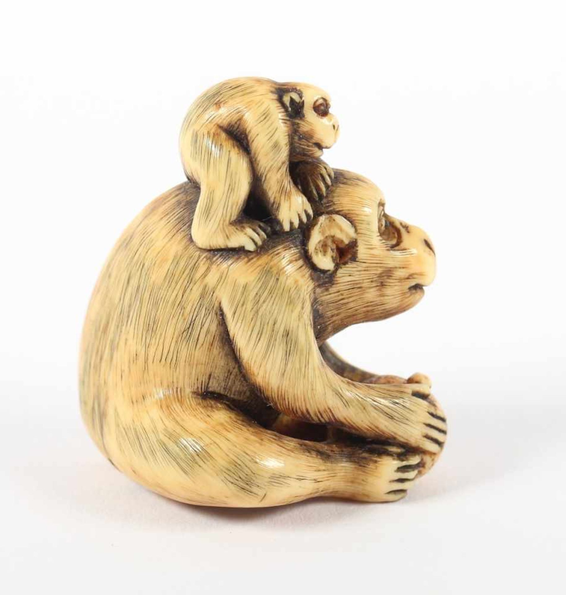 NETSUKE AFFENGRUPPE, Elfenbein, ein großer sitzender Affe hält mit allen vier Pfoten eine Frucht, - Bild 2 aus 5