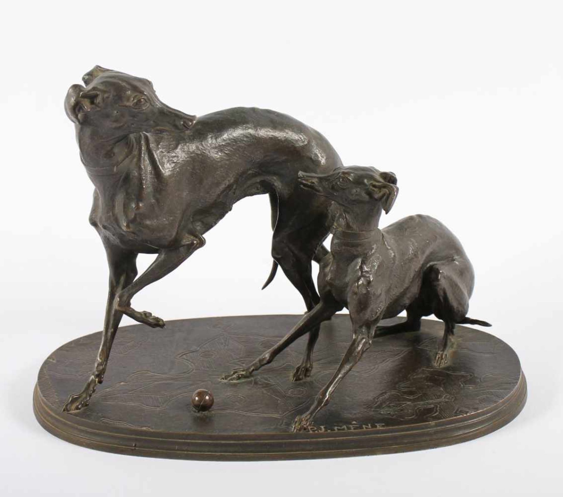 MÊNE, Pierre Jules (1810-1879), "Zwei Windhunde", Bronze, H 18, auf der gravierten Plinthe signiert,