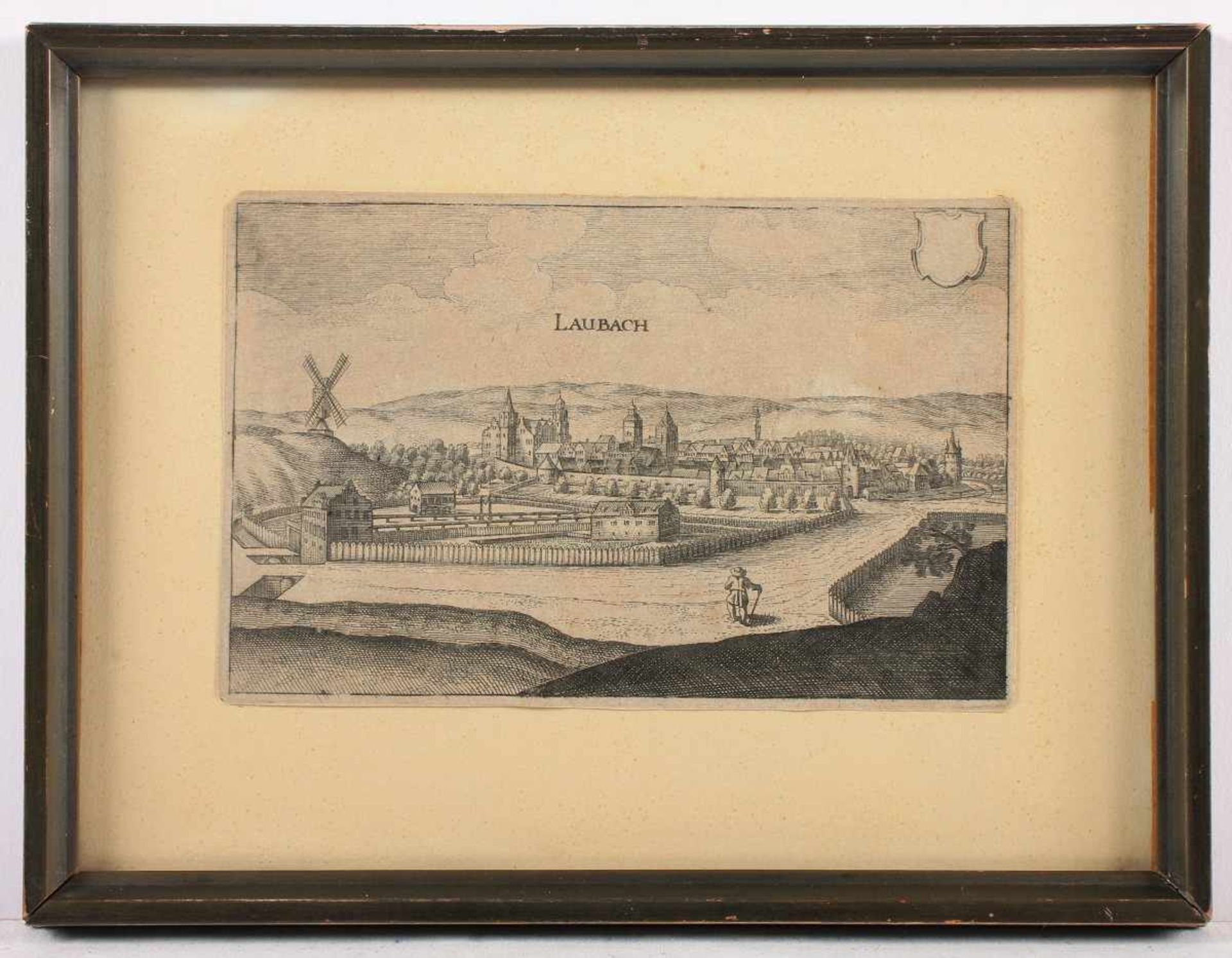 LAUBACH, Kupferstich, 11,5 x 17, M.MERIAN, um 1640, läs., R.