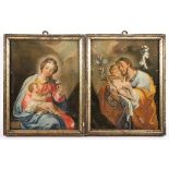 PAAR HINTERGLASBILDER, polychrom gemalt Madonna mit Kind bzw. Josef mit Jesusknaben, je 24,7 x 19,