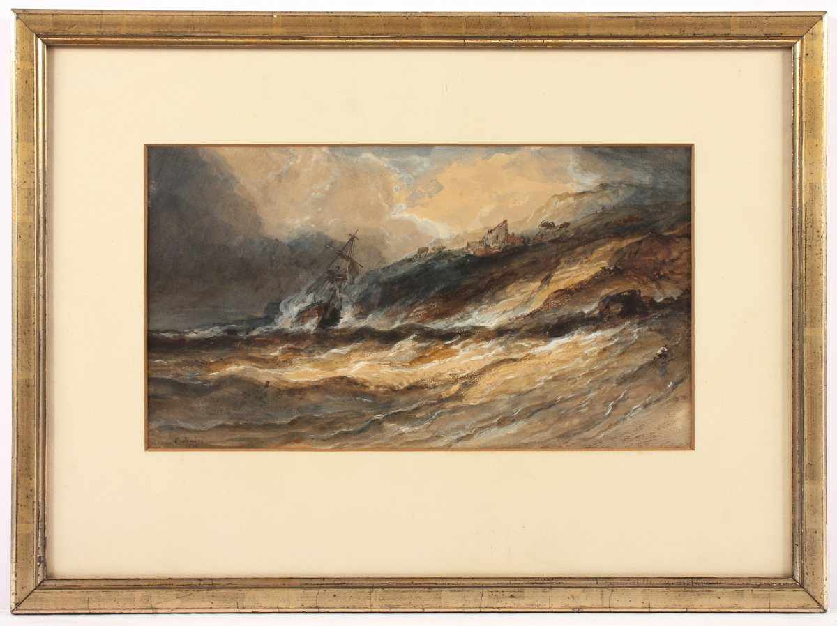 ISABEY, Eugène (1804-1886), "Havariertes Schiff", Aquarell/Papier, 17 x 31 (Passepartoutausschnitt),