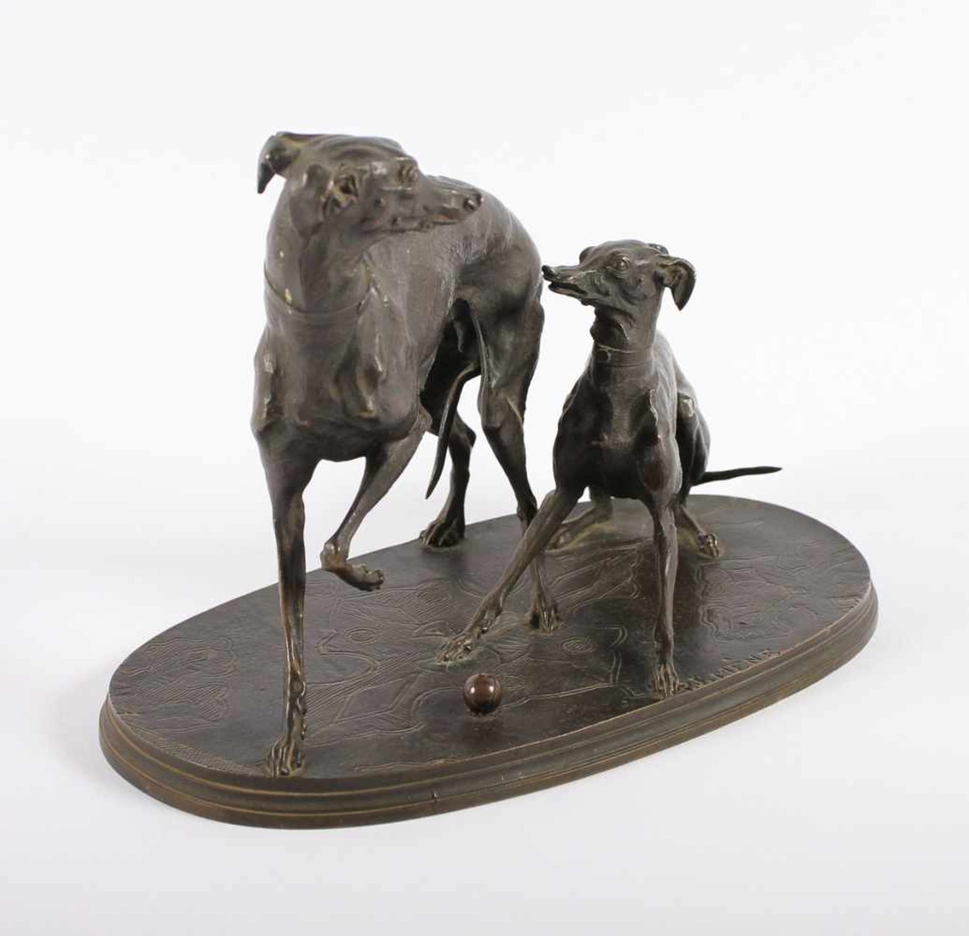 MÊNE, Pierre Jules (1810-1879), "Zwei Windhunde", Bronze, H 18, auf der gravierten Plinthe signiert, - Image 3 of 5