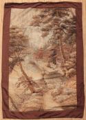 GROSSES BESTICKTES PANEEL, in polychromen Baumwollfäden eine Tempelanlage, Brokateinfassung, 137 x