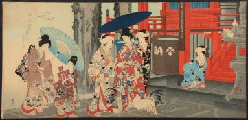 JAPANISCHER FARBHOLZSCHNITT, Women Visiting the Sensoji Temple from Series Women's Activities of the