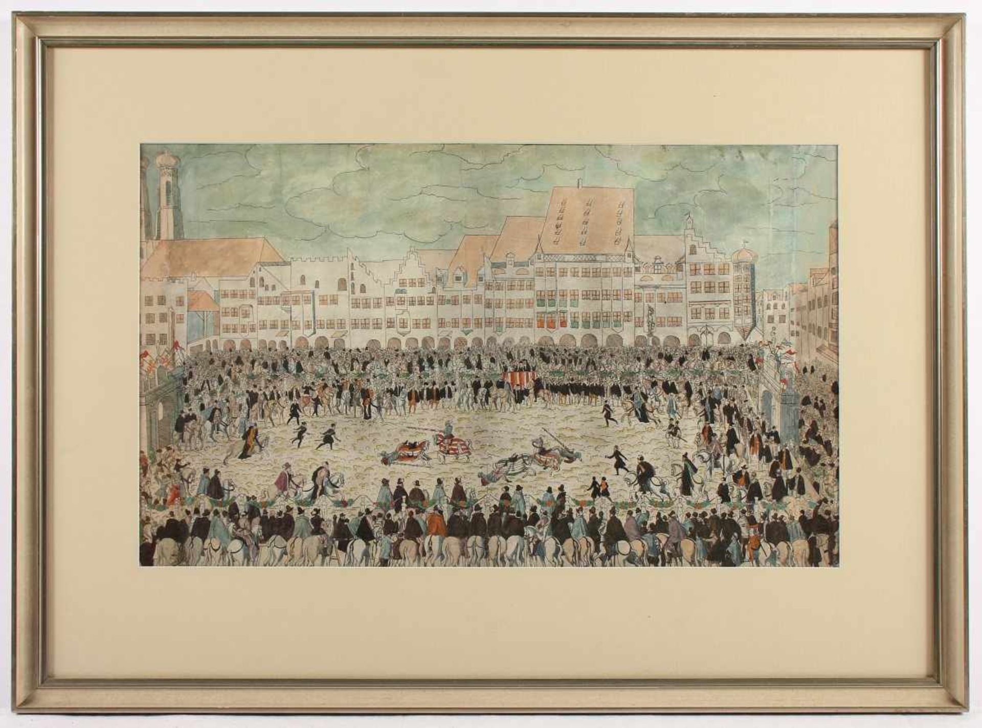 MÜNCHEN, "Das Ringrennen auf dem Schrannenplatz", kolorierter Stich, 34 x 55, wohl aus der Folge: