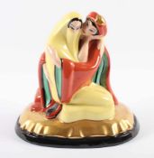 ART DECO-FIGURENPAAR, Keramik, polychrom und goldfarben glasiert, H 19, bez. ALADIN, FRANKREICH,