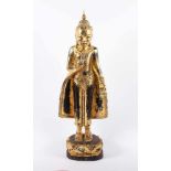 STEHENDER BUDDHA, Holz, über Schwarzlack vergoldet, H 65, Schwundrisse, BIRMA, MANDALAY