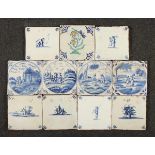 KONVOLUT ELF KACHELN, Keramik, bemalt, diverse Blaudekore, 13 x 13, best., DELFT, 17./18.Jh.