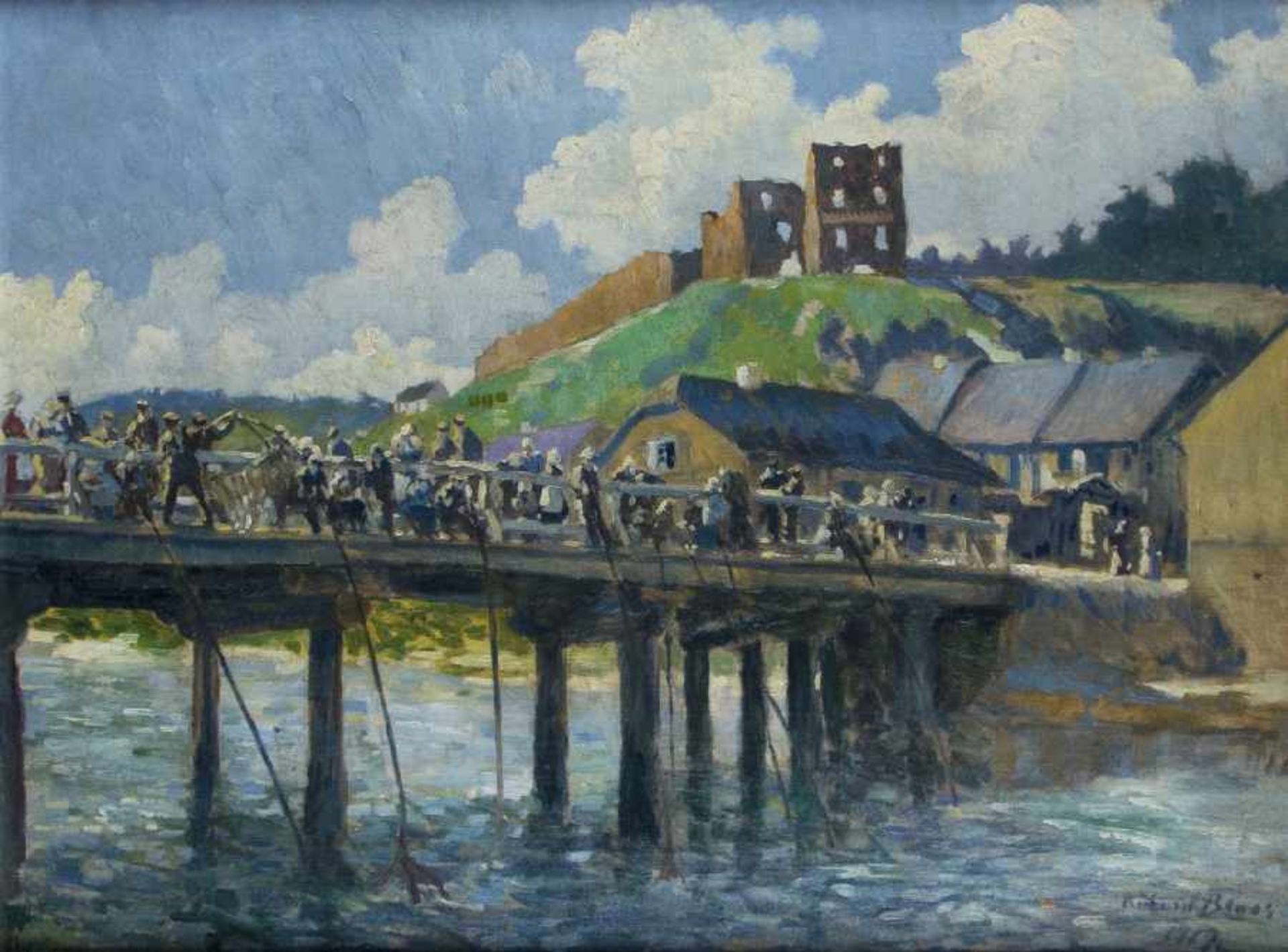 BLOOS, Richard (1878-1957), "Belebte Brücke vor der Burg mit Anglern", Öl/Lwd., 66 x 88, unten