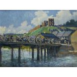 BLOOS, Richard (1878-1957), "Belebte Brücke vor der Burg mit Anglern", Öl/Lwd., 66 x 88, unten