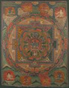 THANGKA, Gouache auf Stoff, Mandala, 70 x 54, unter Glas gerahmt, TIBET