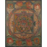 THANGKA, Gouache auf Stoff, Mandala, 70 x 54, unter Glas gerahmt, TIBET