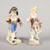 ZWEI HARLEKINFIGUREN, polychrom bemalt, Goldstaffage, H 10,5, best., eine Figur rest.,