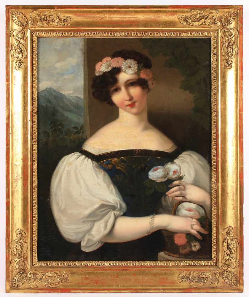LIEDER, Johann Friedrich Gottlieb (1780-1859), zugeschrieben, "Bildnis einer Frau mit Blumen", Öl/ - Image 2 of 4