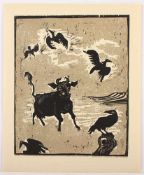 PANKOK, Otto, "Die Kuh und Krähen", Farbholzschnitt, 24 x 18,5, 1958, ungerahmt