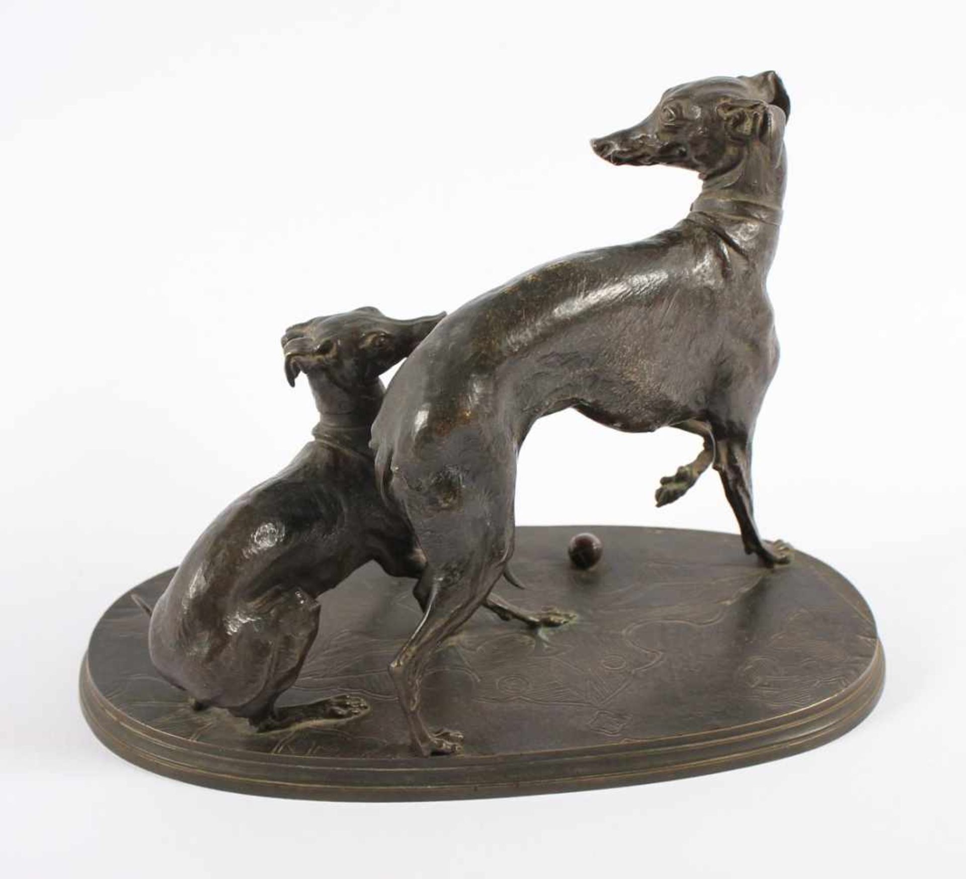 MÊNE, Pierre Jules (1810-1879), "Zwei Windhunde", Bronze, H 18, auf der gravierten Plinthe signiert, - Image 4 of 5