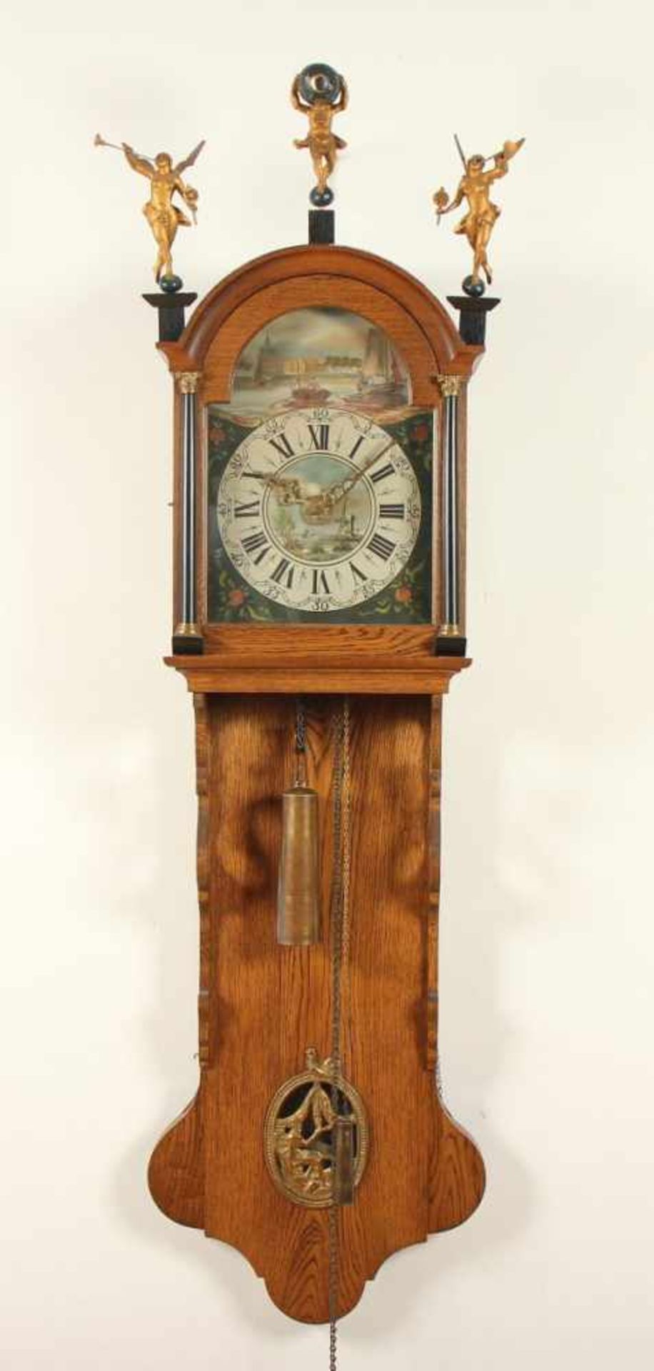 FRIESISCHE STAARTCLOCK, Eichengehäuse, Werk mit Weckfunktion und Schlag auf Glocke, gangbar, H